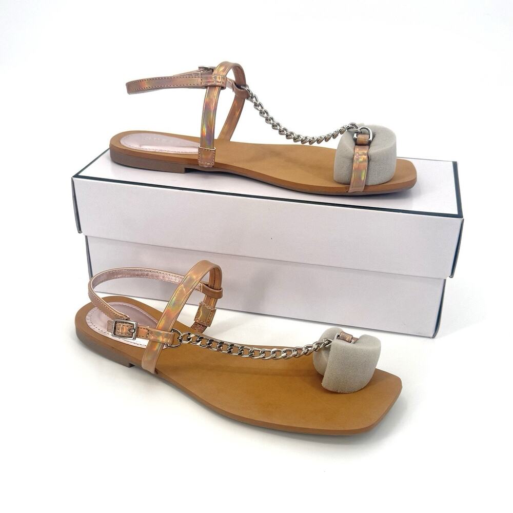 Guess Sandals Women Size 8 Natural Iridescent Gold Crossover Chain Toe Loop Flat